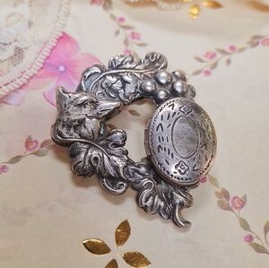 Vintage Silver Fox and Grape Locket Brooch